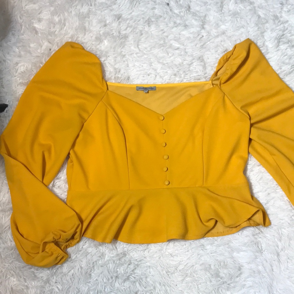 Off shoulder, ruffle bottom mustard top